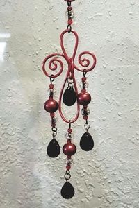 Handmade Red Gothic Style Cross Suncatcher Dripping In Black Beads